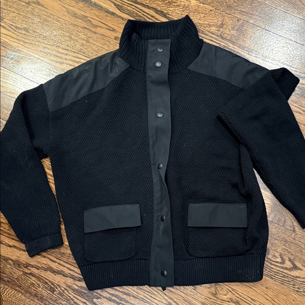 Lou and Grey Black Knit Bomber sweater with zipper Snap Front